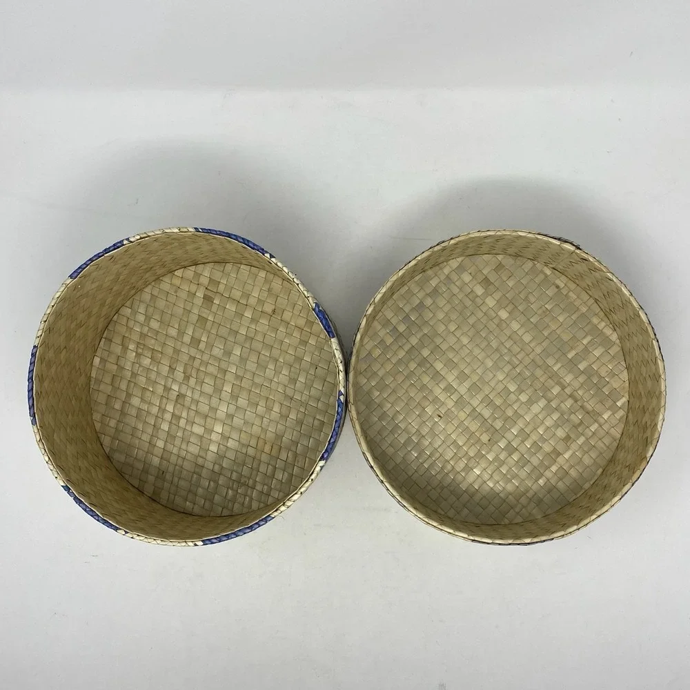 Anthropologie Woven Container Round‎ Bamboo Lid Blue Chevron Stripe Indonesia